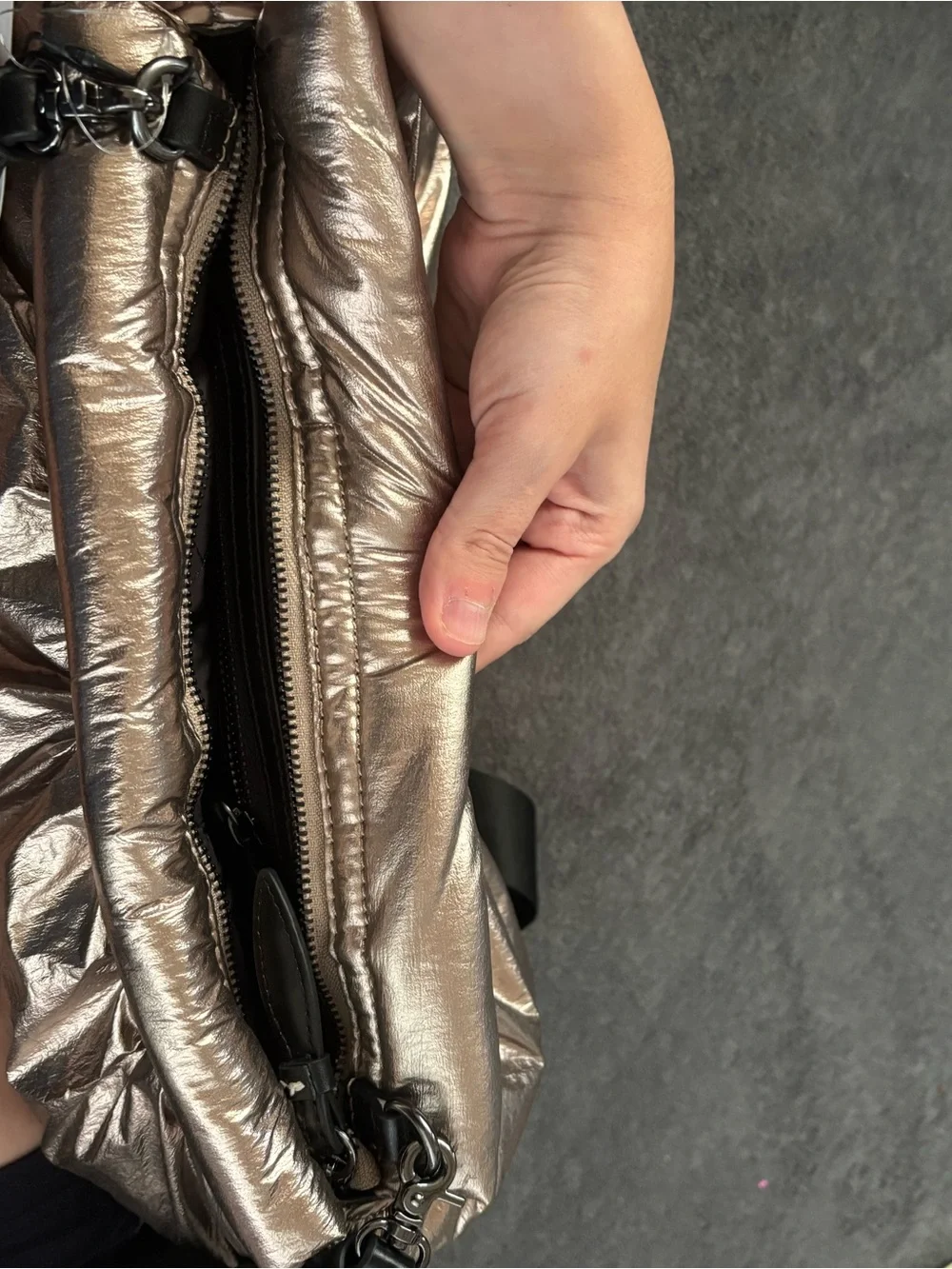 ZARA Metallic Bronze Puffy Crossbody Bag with Black Strap
